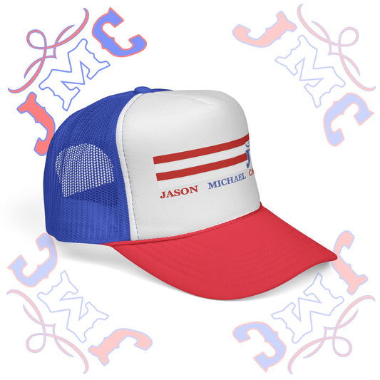 RETRO Red, White & Blue JMC, Trucker Hat - Personalized Trucker Caps with Custom Name, Great for Summer Festivals, Camping, Gifts, Outdoor Adventures