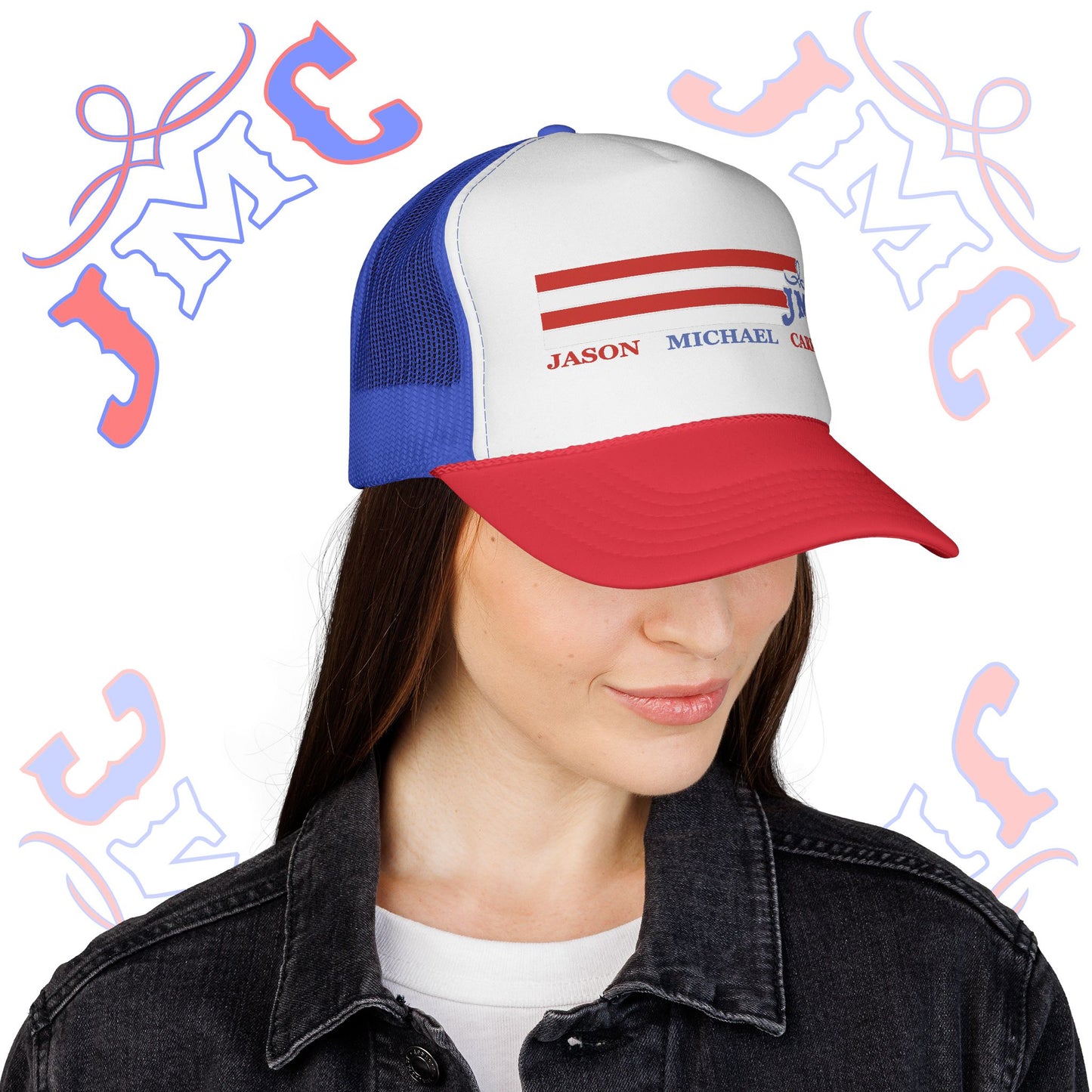 RETRO Red, White & Blue JMC, Trucker Hat - Personalized Trucker Caps with Custom Name, Great for Summer Festivals, Camping, Gifts, Outdoor Adventures