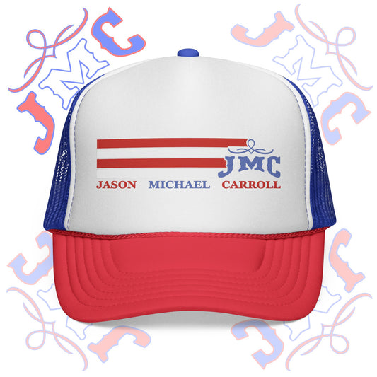 RETRO Red, White & Blue JMC, Trucker Hat - Personalized Trucker Caps with Custom Name, Great for Summer Festivals, Camping, Gifts, Outdoor Adventures